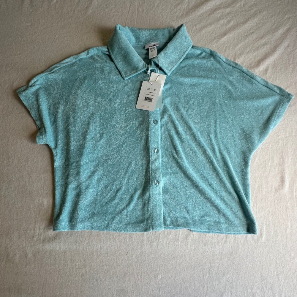Andie Swim The Terry Button Down Shirt Malibu Blue Short Sleeve Cropped Top SZ M